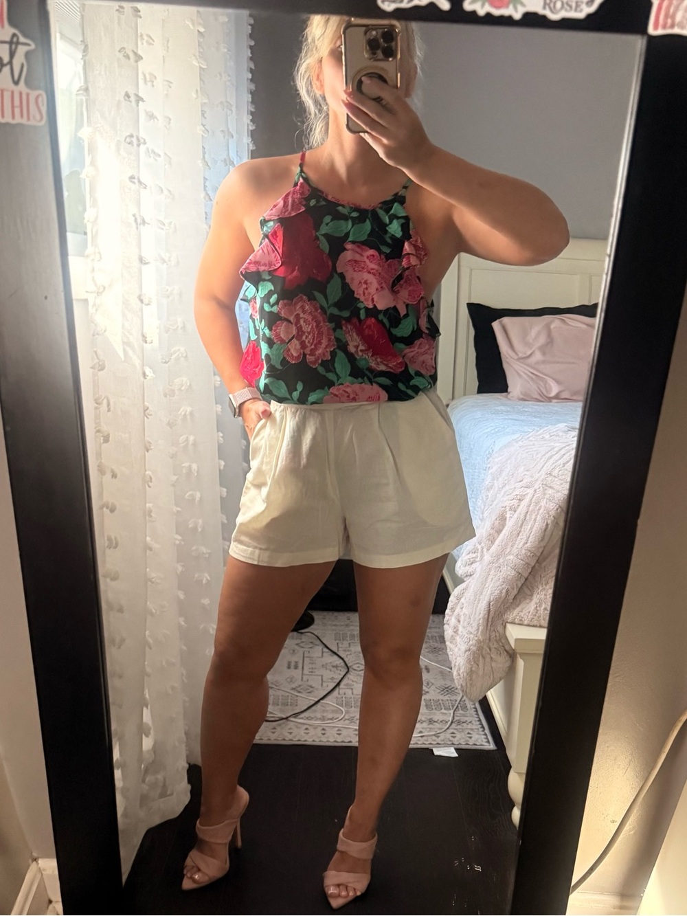 Elle Black Tank with Pink Roses and Teal Leaves